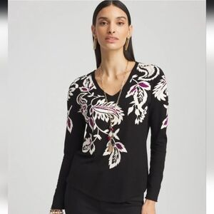 Chico's Black Floral Intarsia Pullover Sweater Size Medium